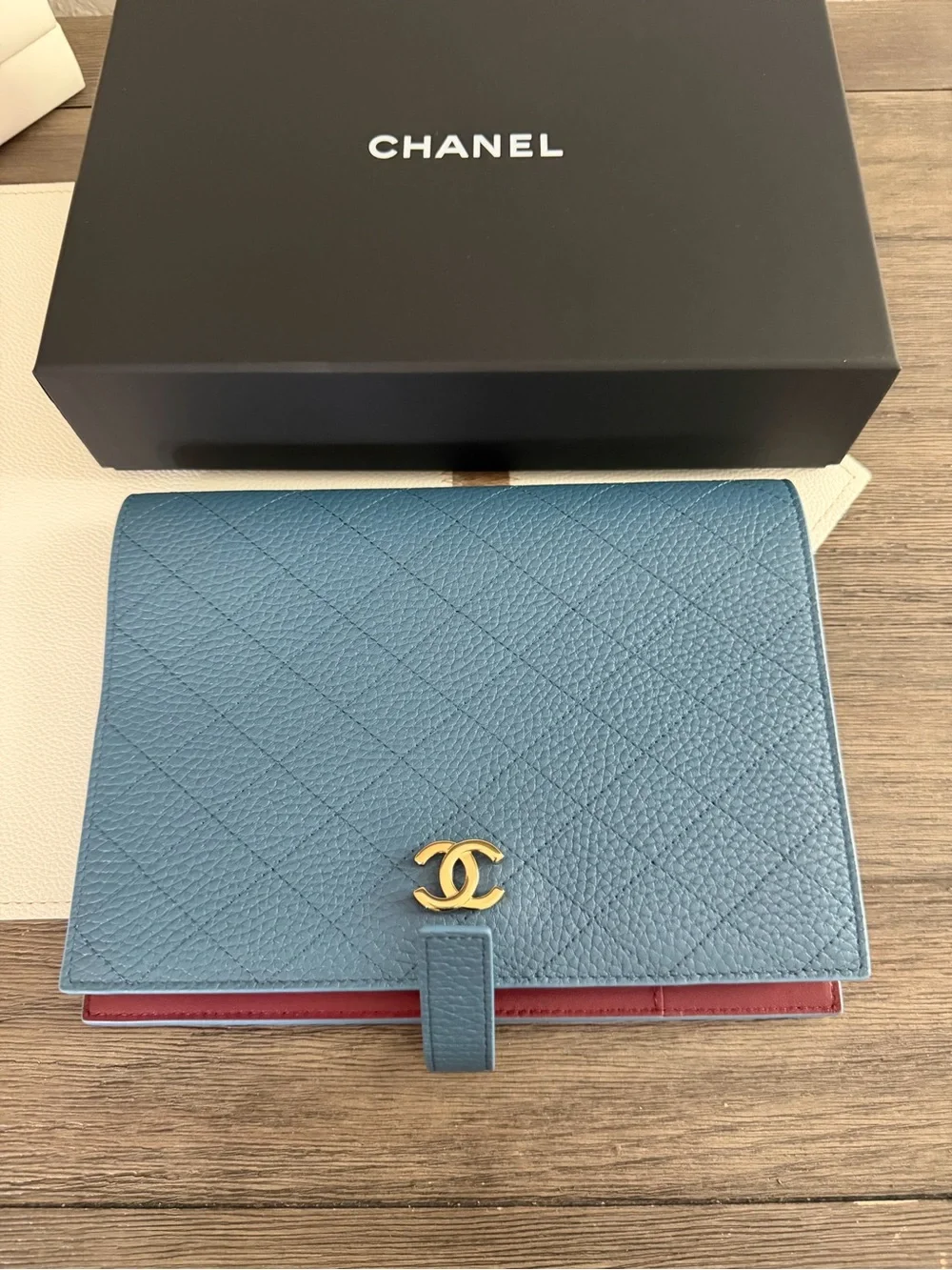 CHANEL Light Blue Quilted Leather Agenda Cover with Gold CC Clasp,notebook